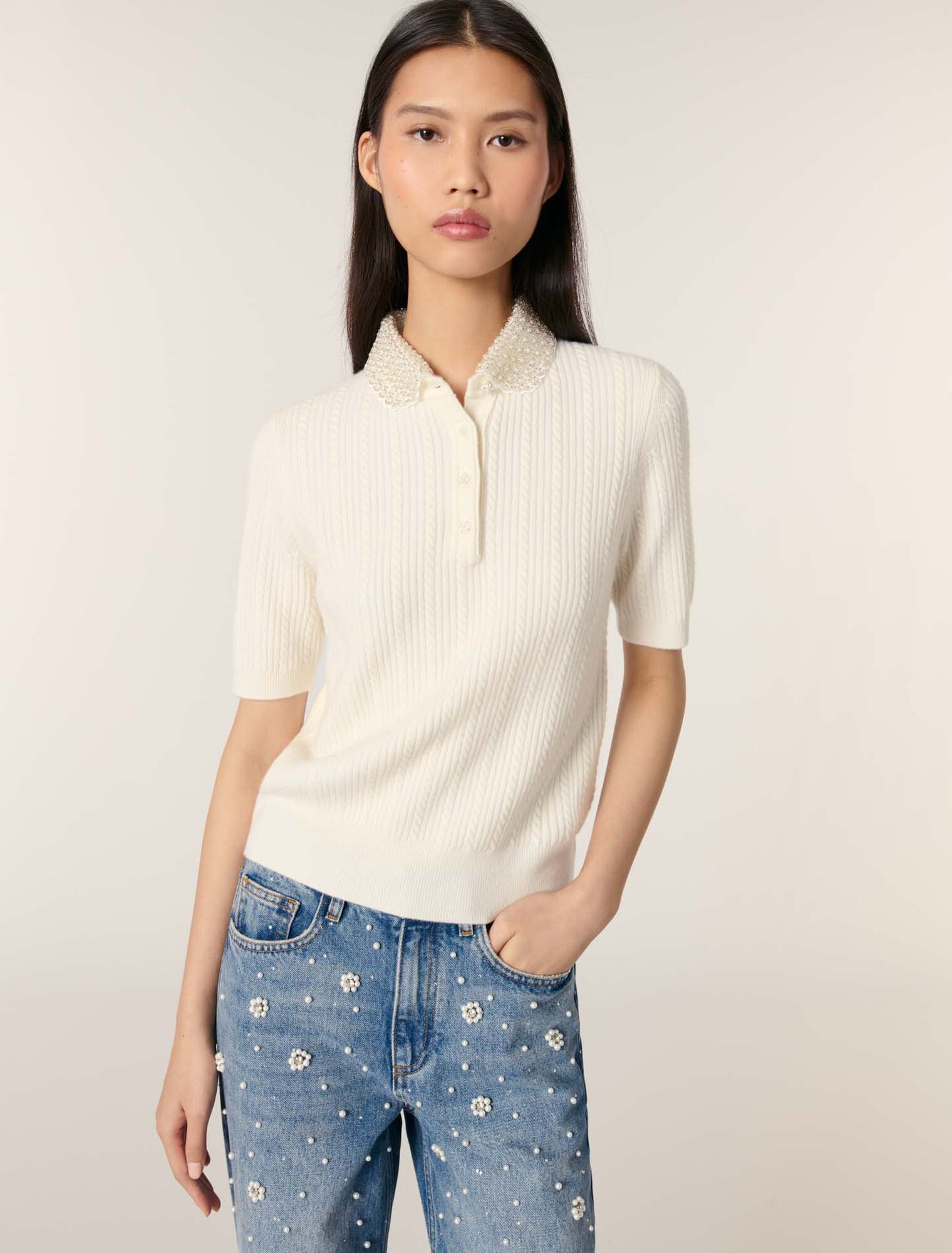 Jewellery collar knit polo shirt