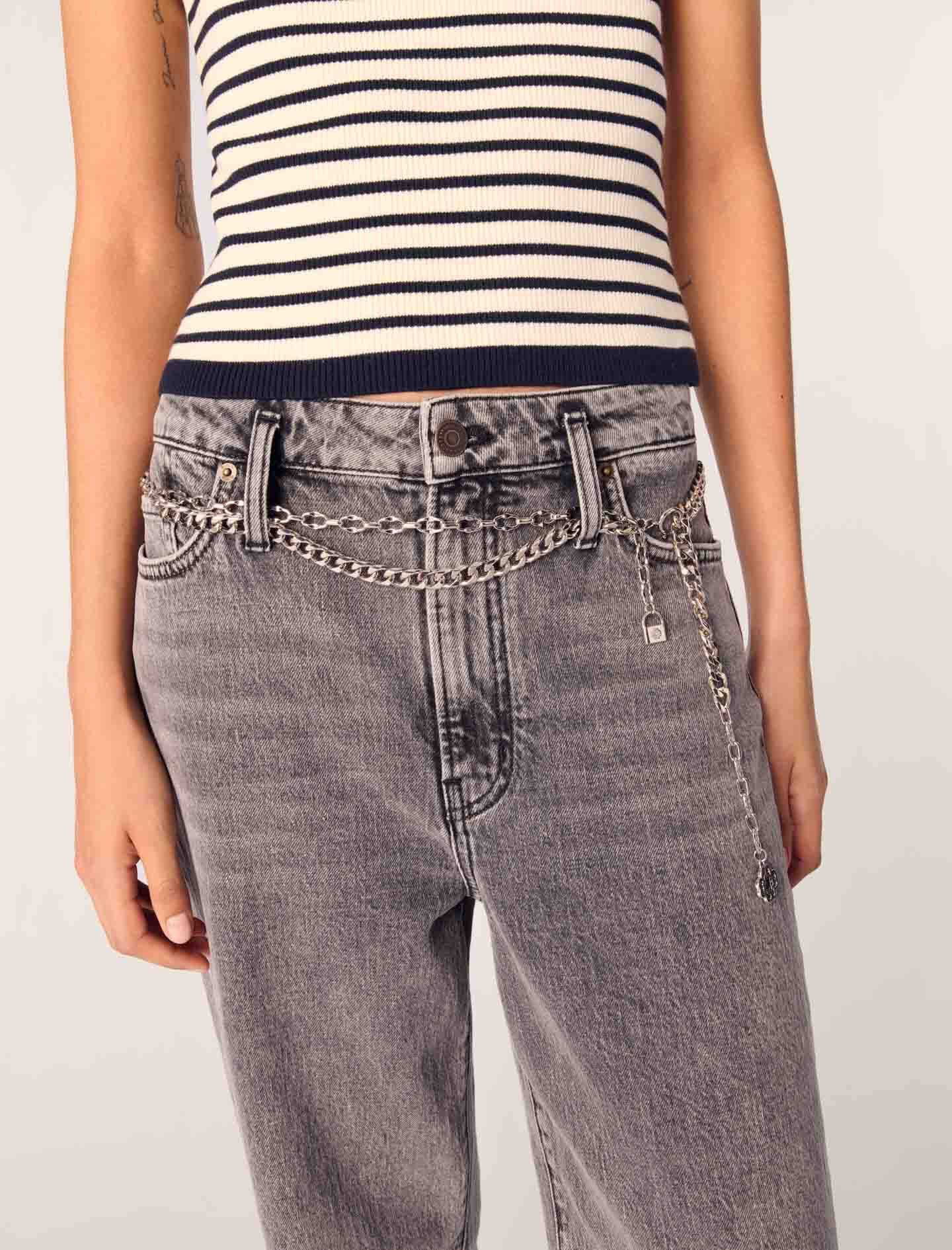 【PORTERNA】Beldi Chain Wide Jeans Wide-leg jeans with chain-link belt Black / Gray For Women