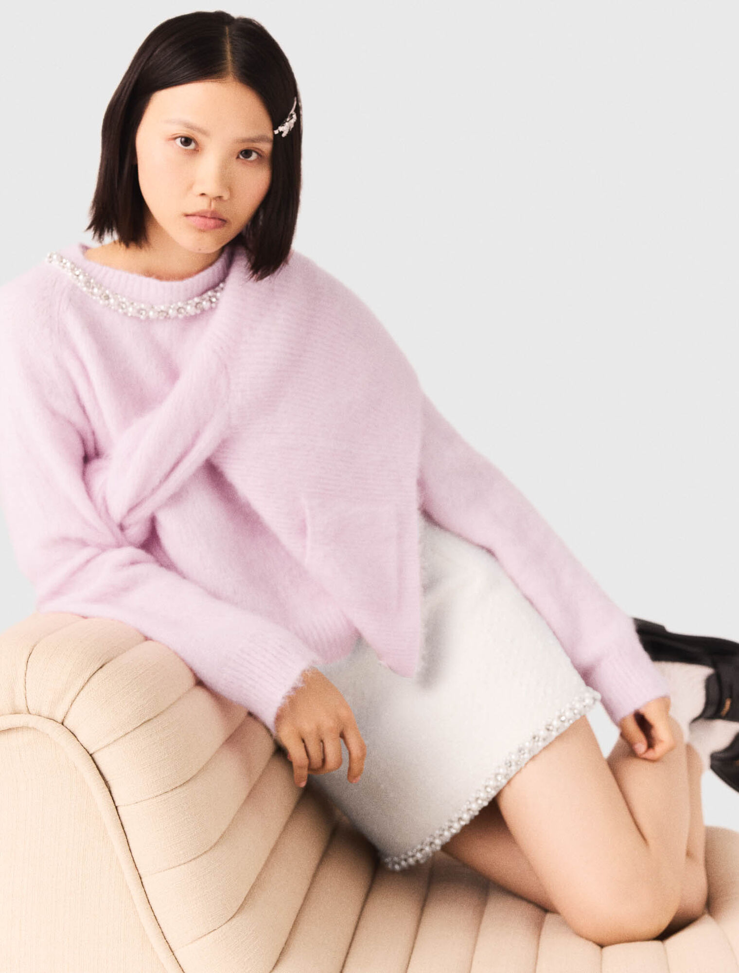 Pearl-trim tweed skirt