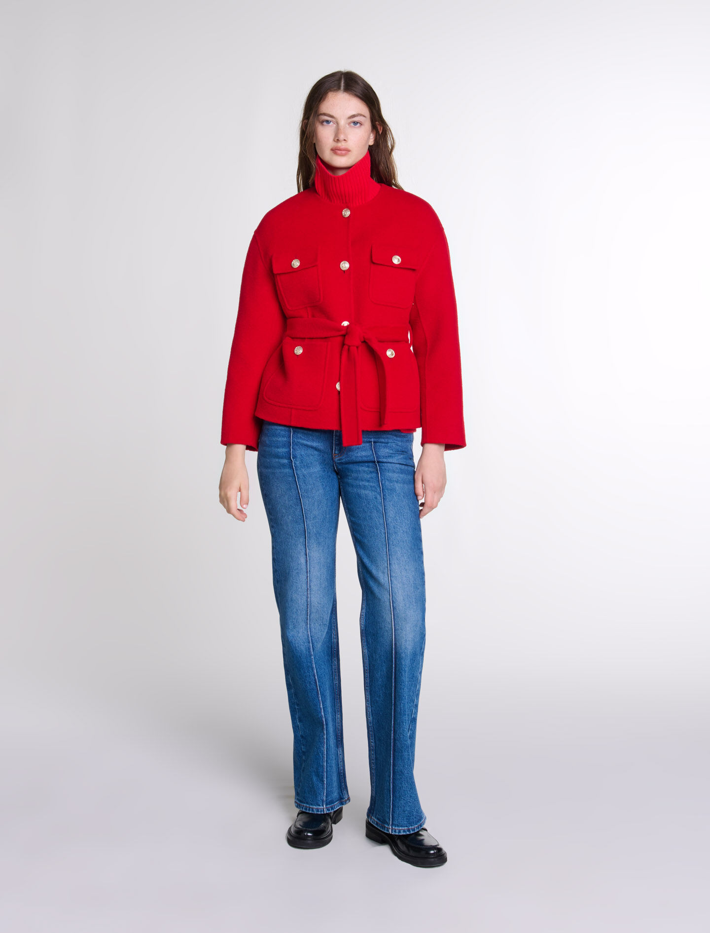 Red belted jacket new arrivals