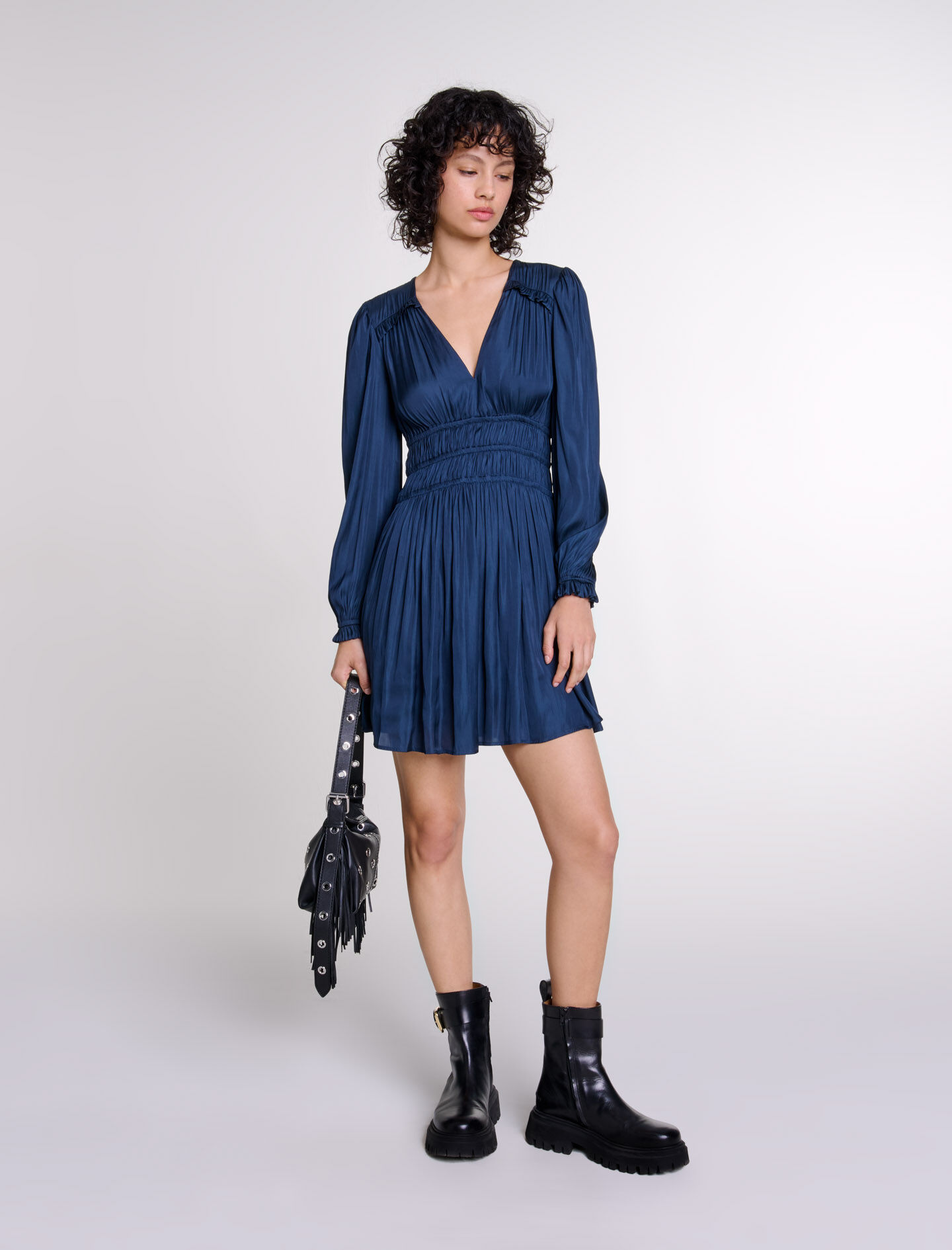 Satin dress with ruffles Blue For Women Maje