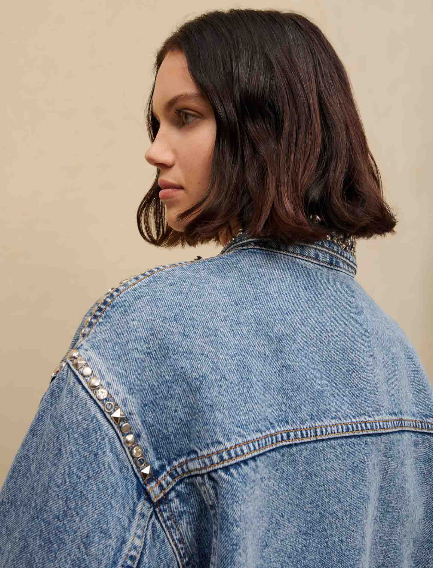 Maje デニムジャケット 36 Denim jacket with rhinestones
