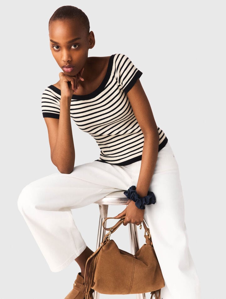 Top en maille c&ocirc;tel&eacute;e col bateau