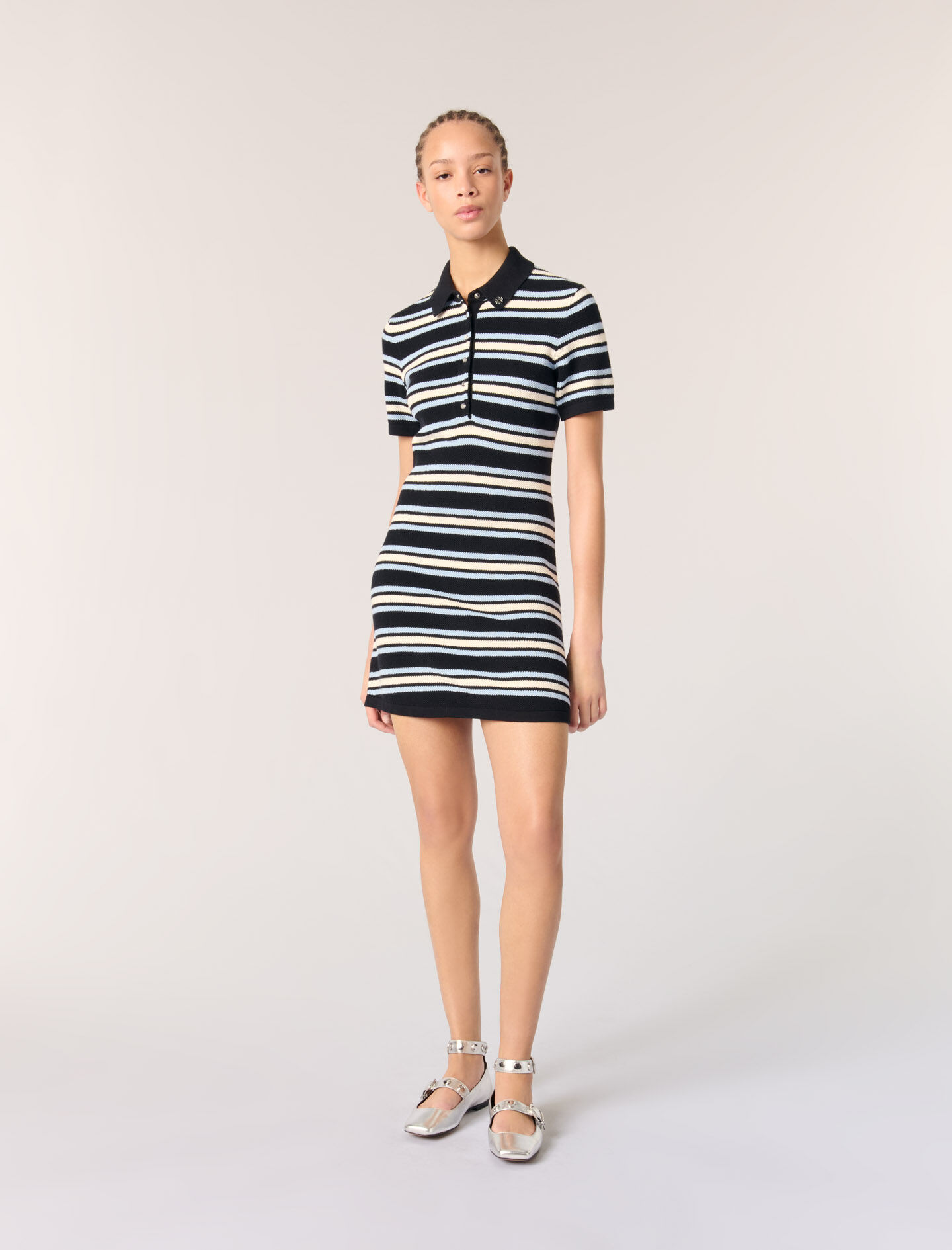 『ル』Stripe Rib Polo Dress M Women's Fitted Striped Ribbed Mid-Length Polo Dress