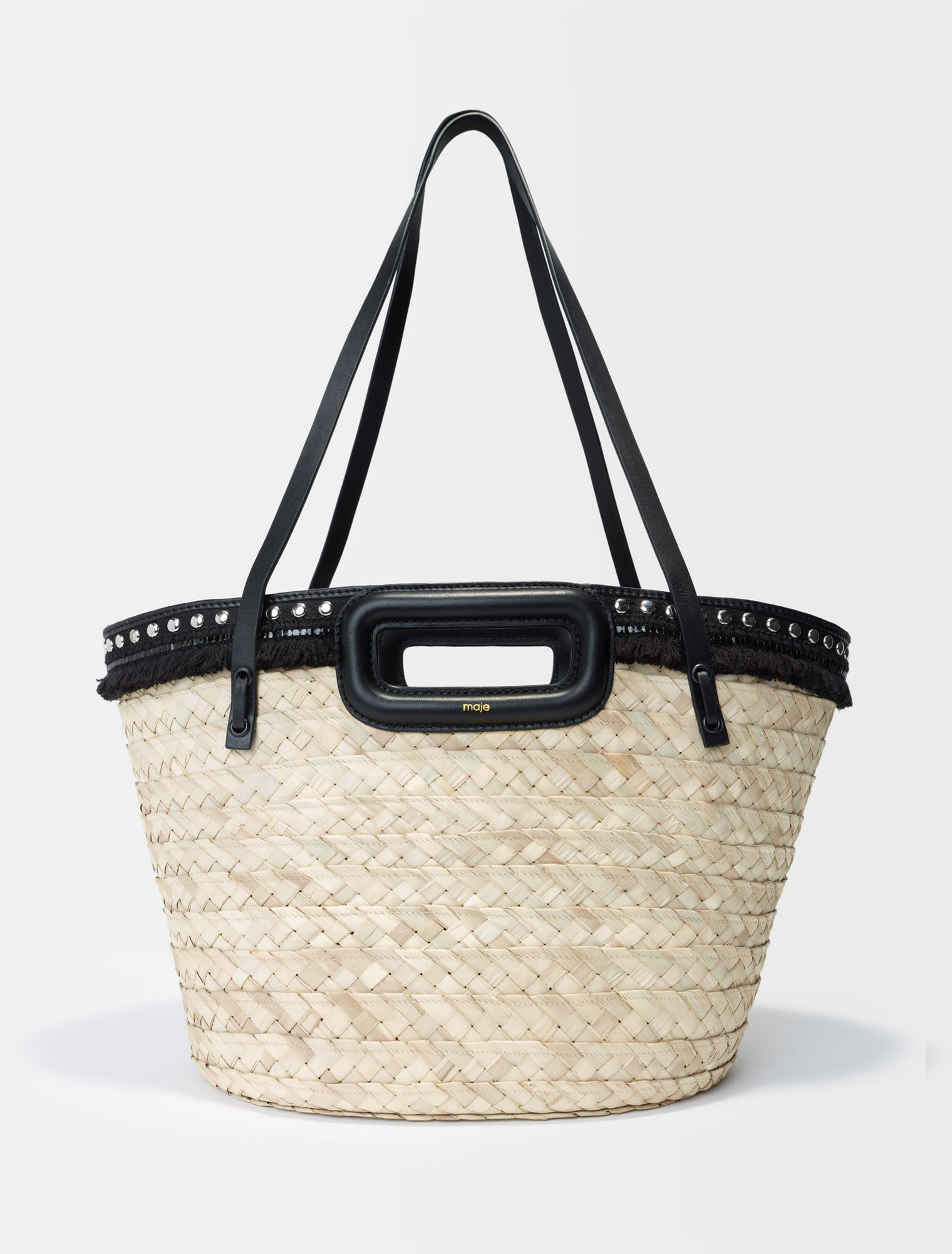 Woven palm bucket bag with studs