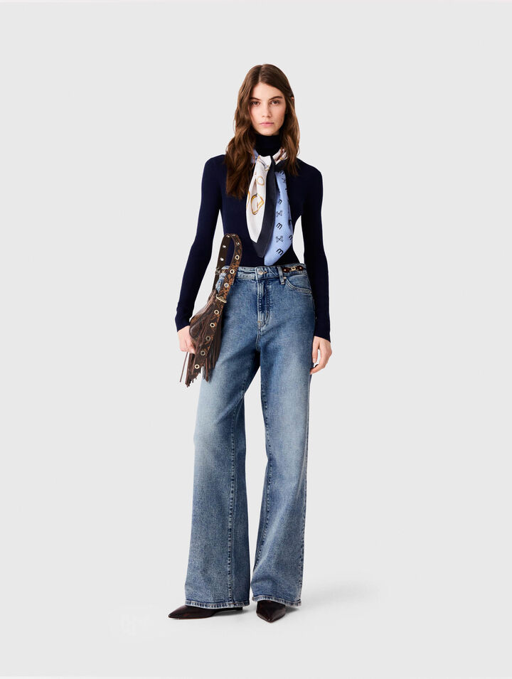 Wide-leg leather buckle jeans