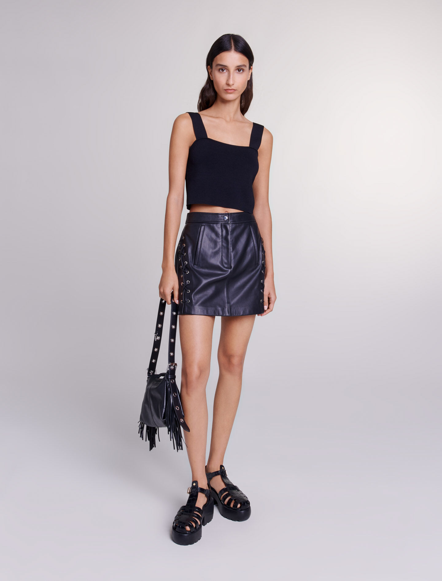Jupe courte en cuir Black Gray pour femme Maje