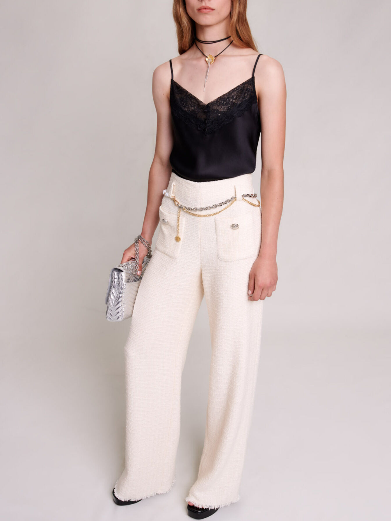 Wide-leg tweed trousers White For Women | Maje