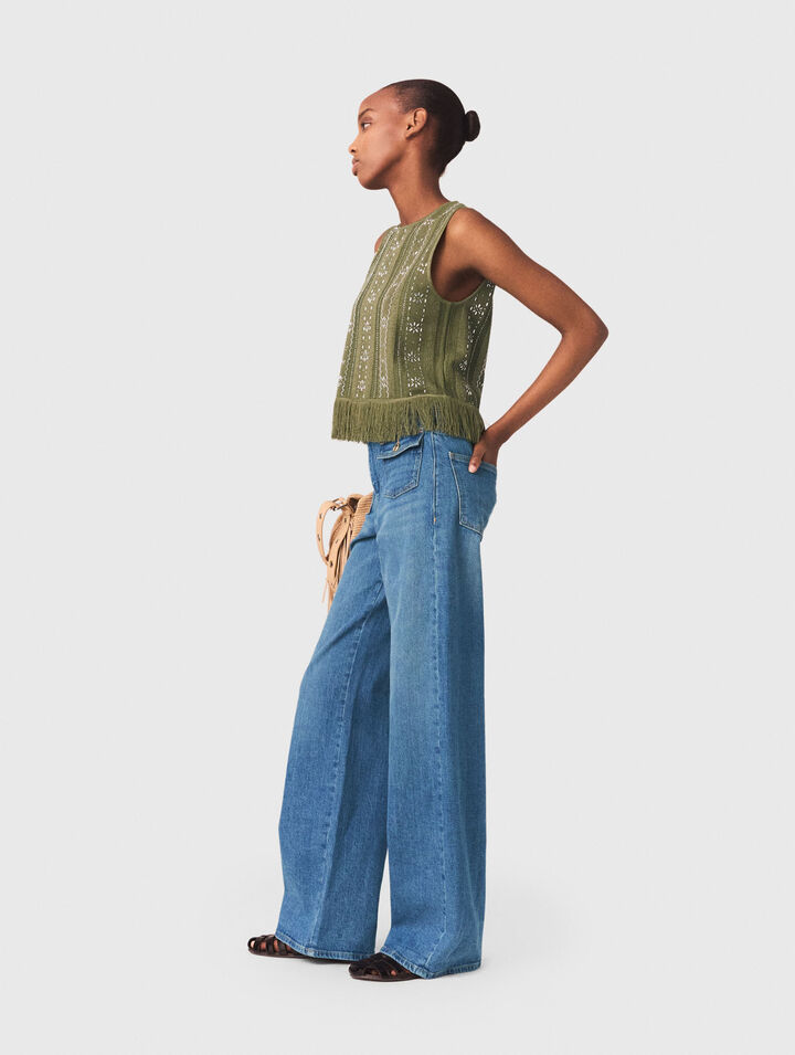 Top avec fleurs strass&eacute;s et franges