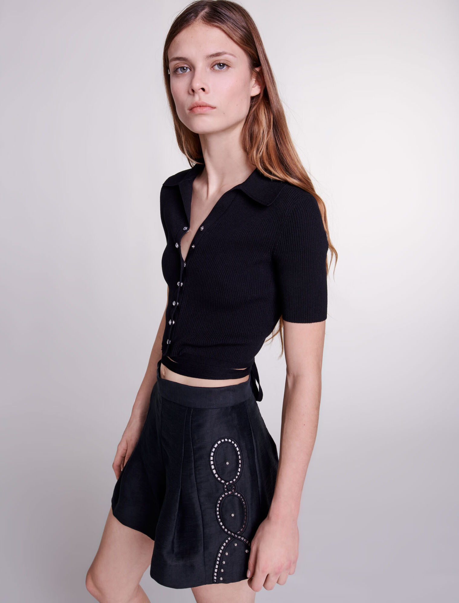 Openwork linen shorts with rivets