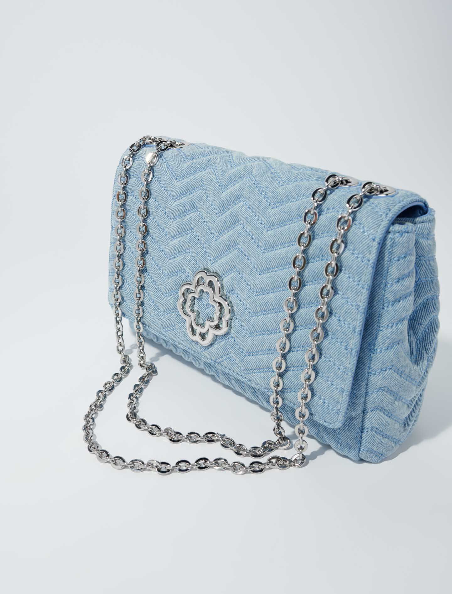 ◆BADBLOOD◆ Ellipse Symbol Cranky Flap Bag Denim Blue Blue Denim Quilted Camelia Mini Flap Aged Silver Hardware