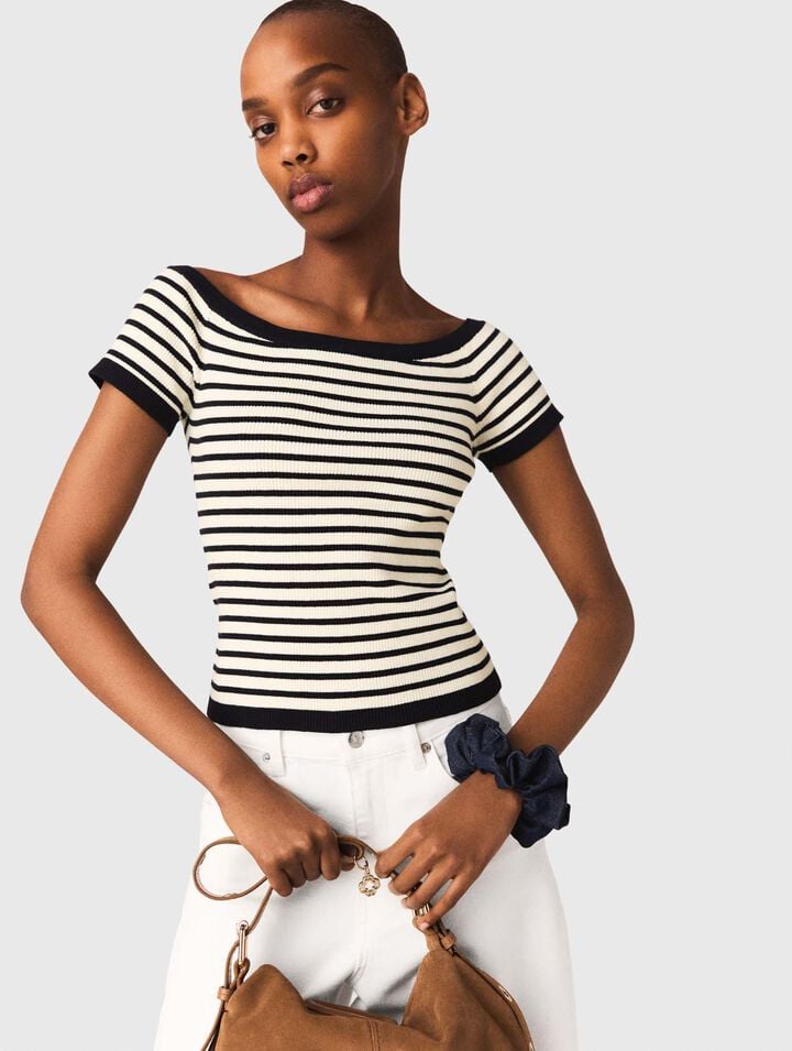 Top en maille c&ocirc;tel&eacute;e col bateau