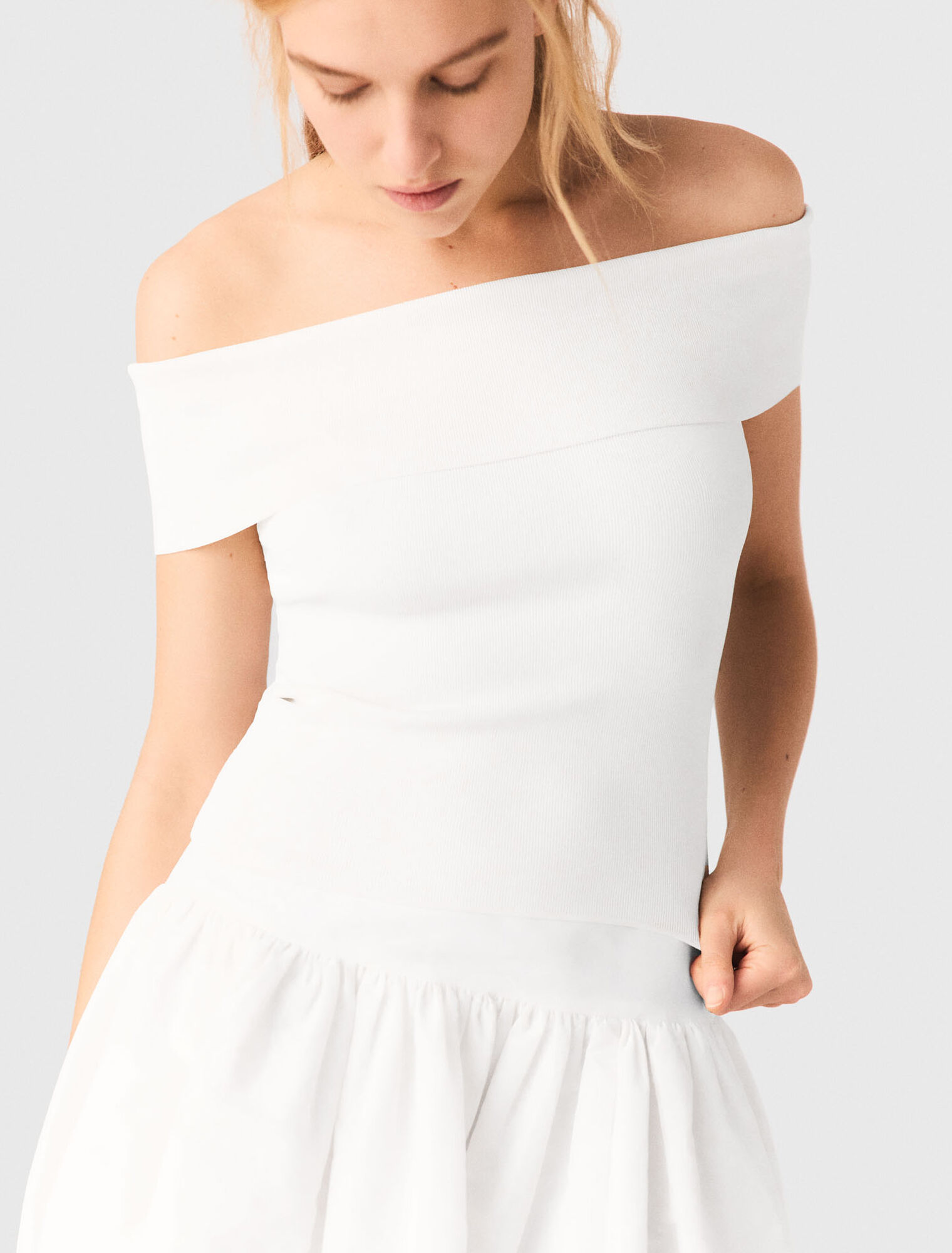 Rib knit bardot-neck top