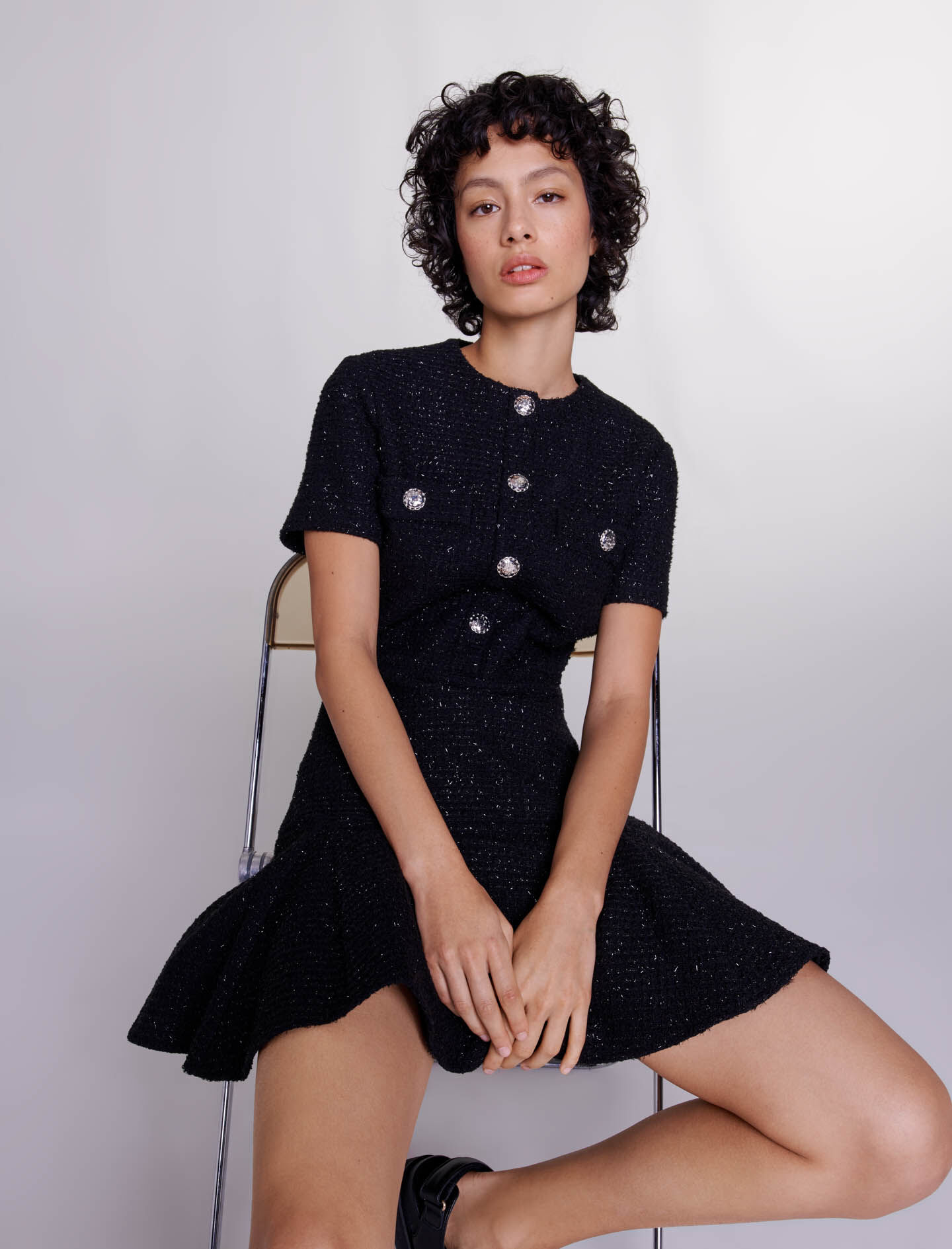 L’aubeblanc Tweed Wrap Dress Black Aurella Long Black Tweed Dress | Boutique 1861