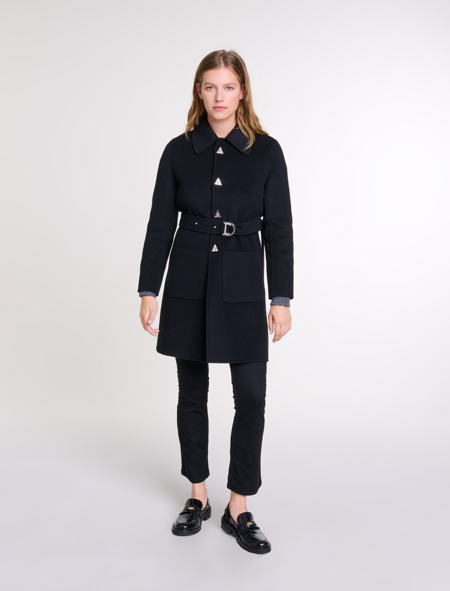 Belted mid length coat Black Gray For Women Maje