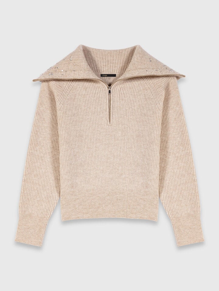 Pull strassé avec col demi-zip