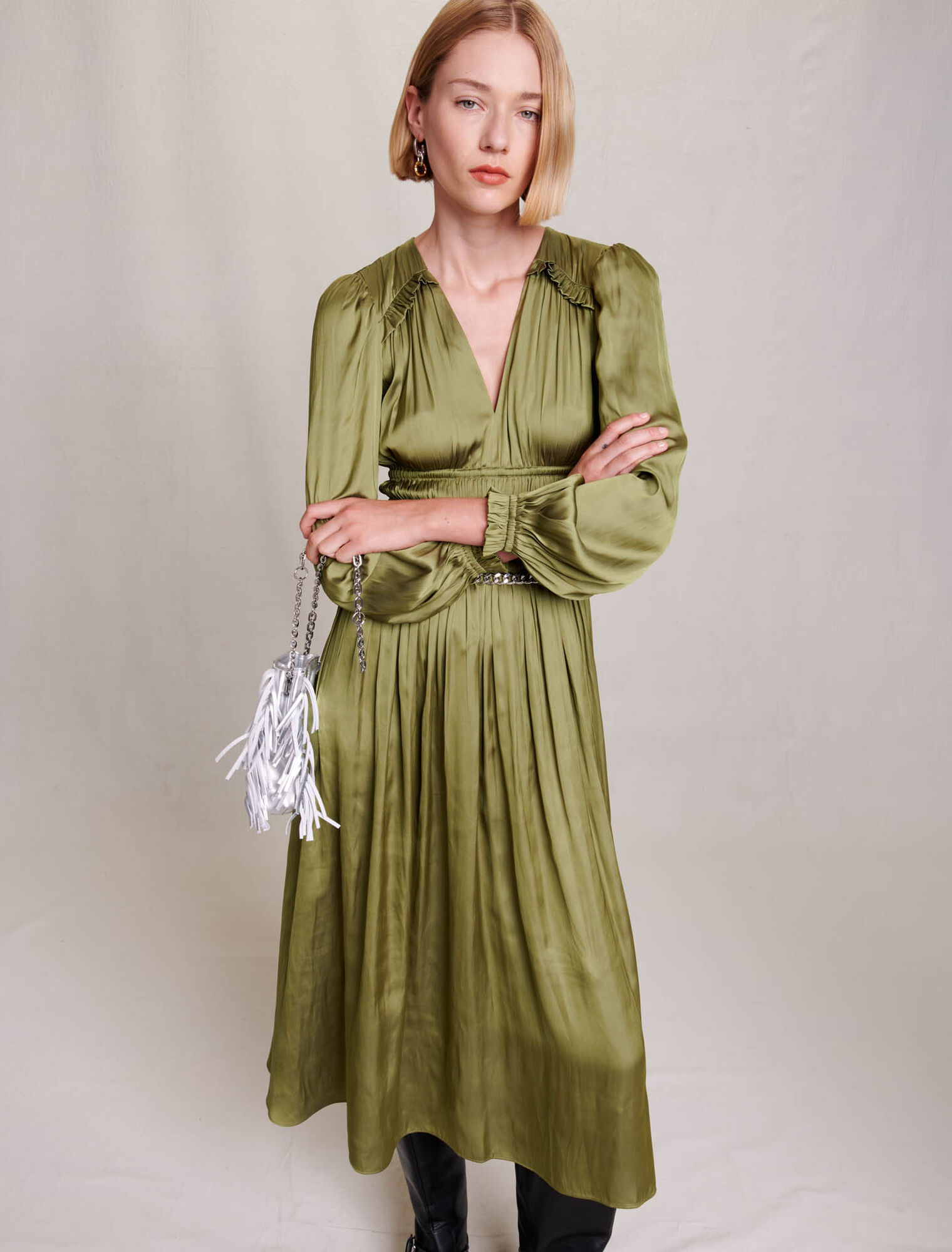 Satin-effect ruffled midi dress