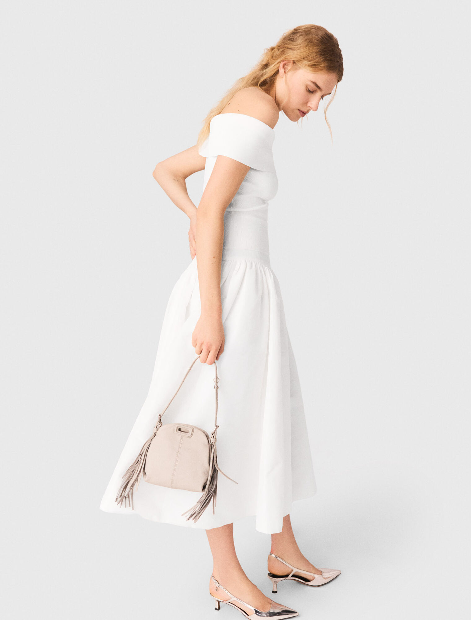 Top col bardot en maille c&ocirc;tel&eacute;e