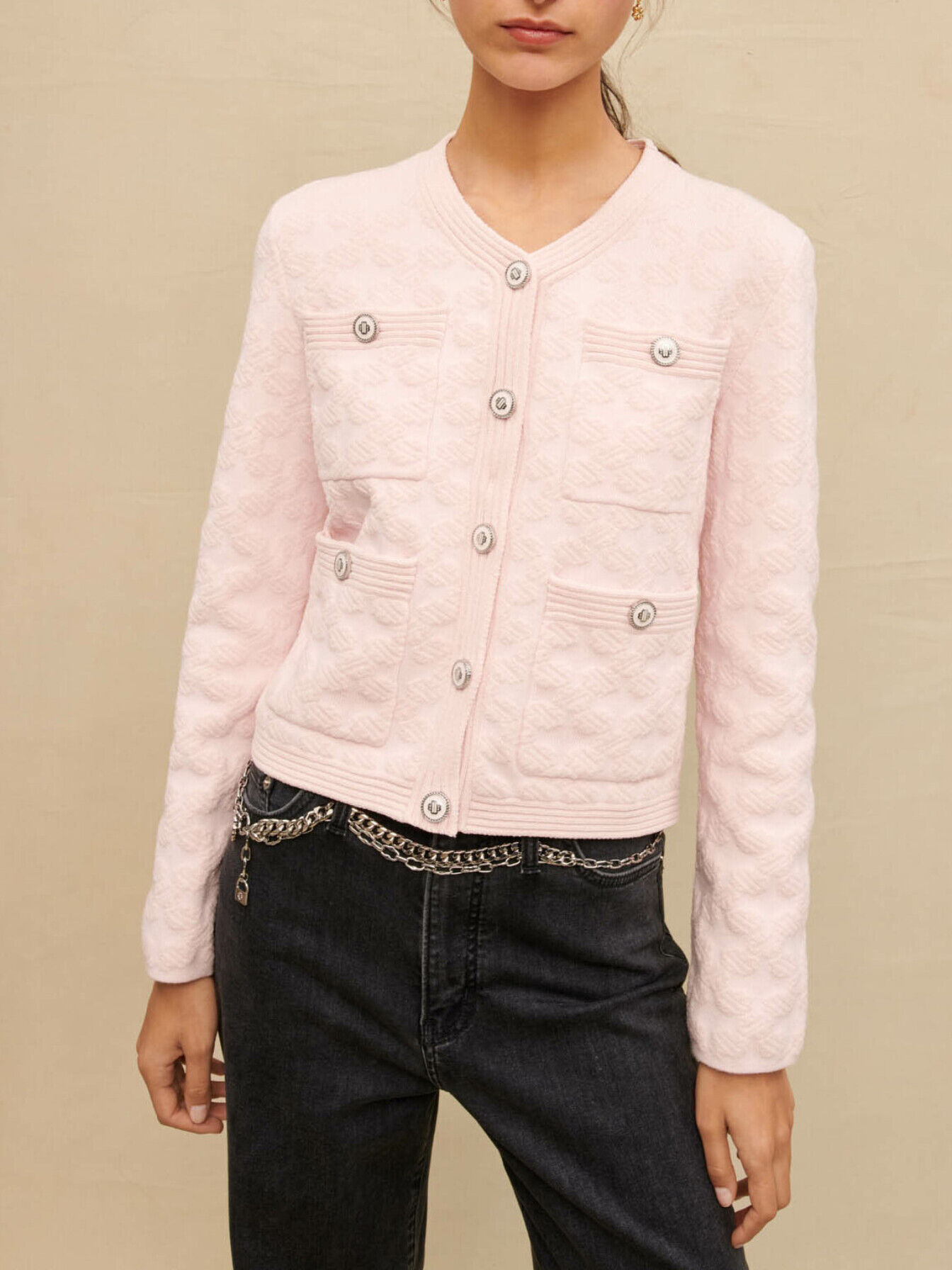 Pink textured knit cardigan Pink For Women | Maje