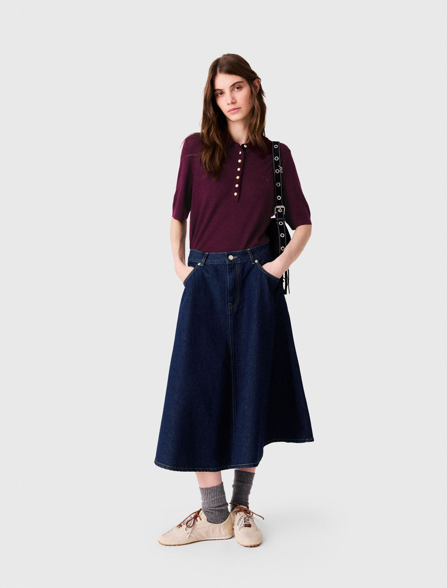 Jupe &eacute;vas&eacute;e en denim mi-longue
