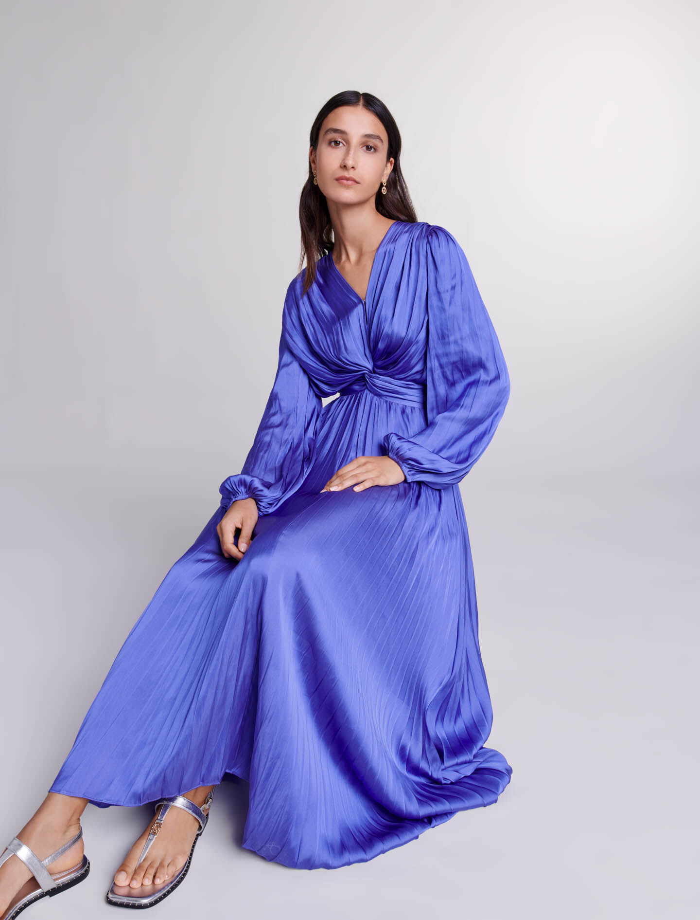 Satin-effect draped maxi dress Purple For Women | Maje