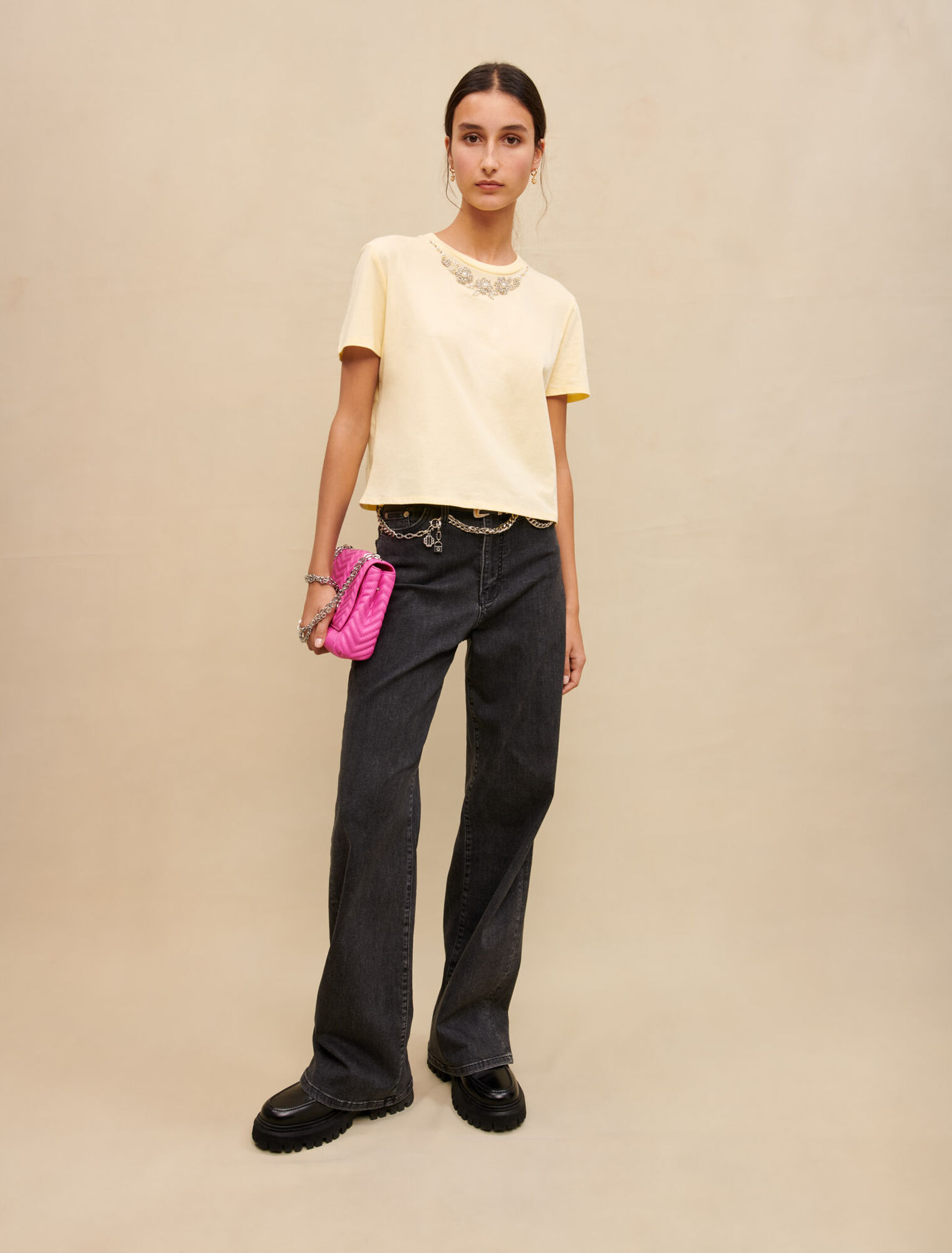 Cotton T-shirt with jewel collar