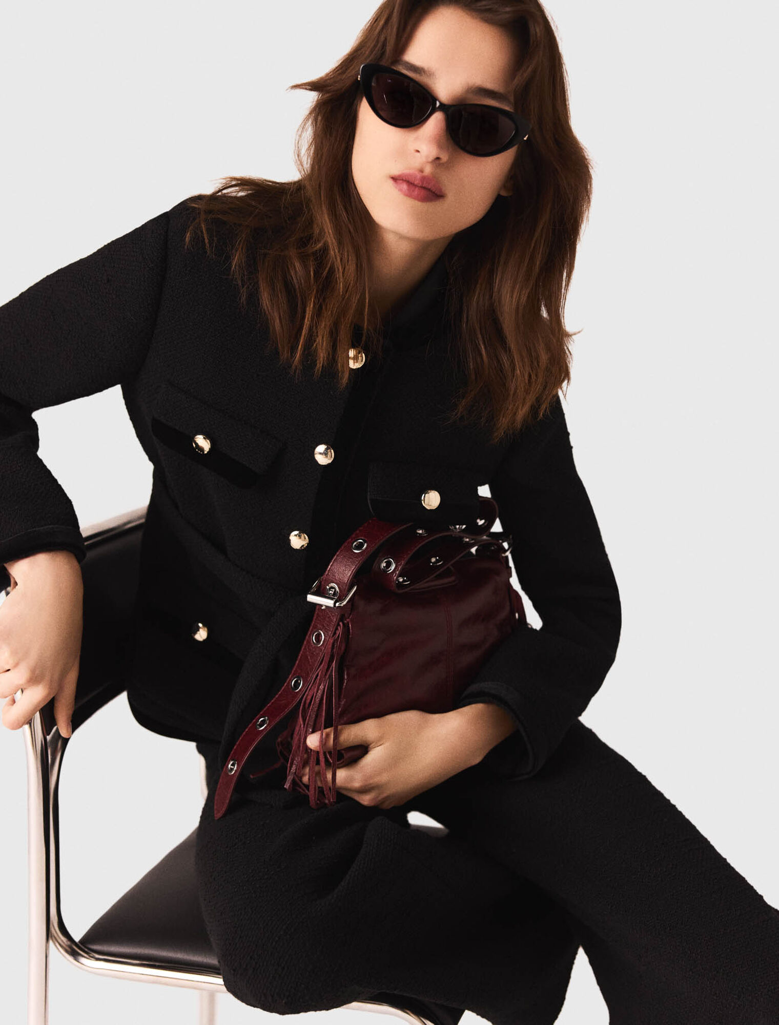 Veste longue en tweed avec ceinture