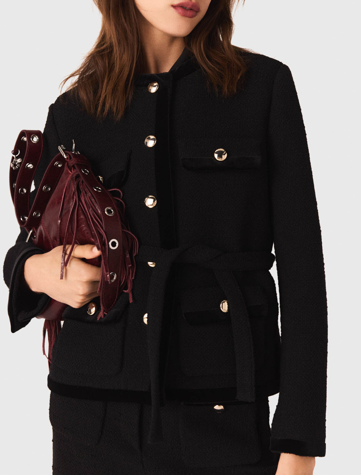 Veste longue en tweed avec ceinture