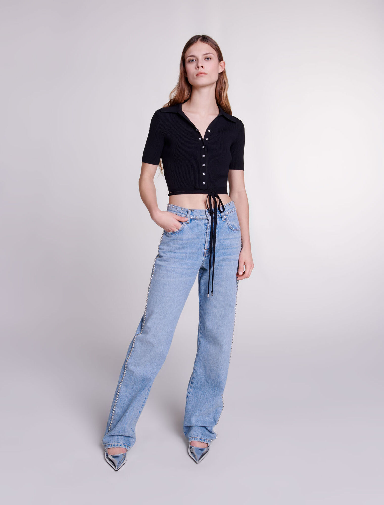 Wide-leg studded jeans