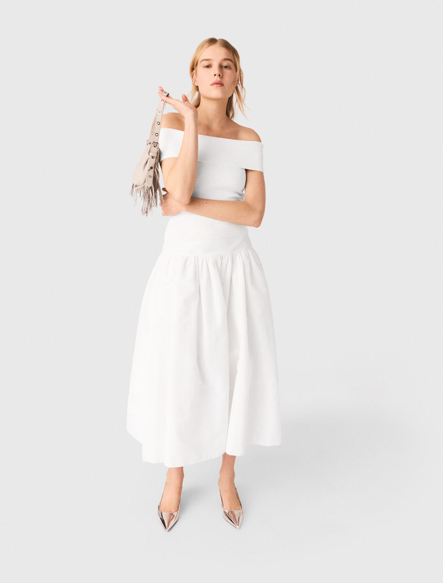 Top col bardot en maille c&ocirc;tel&eacute;e