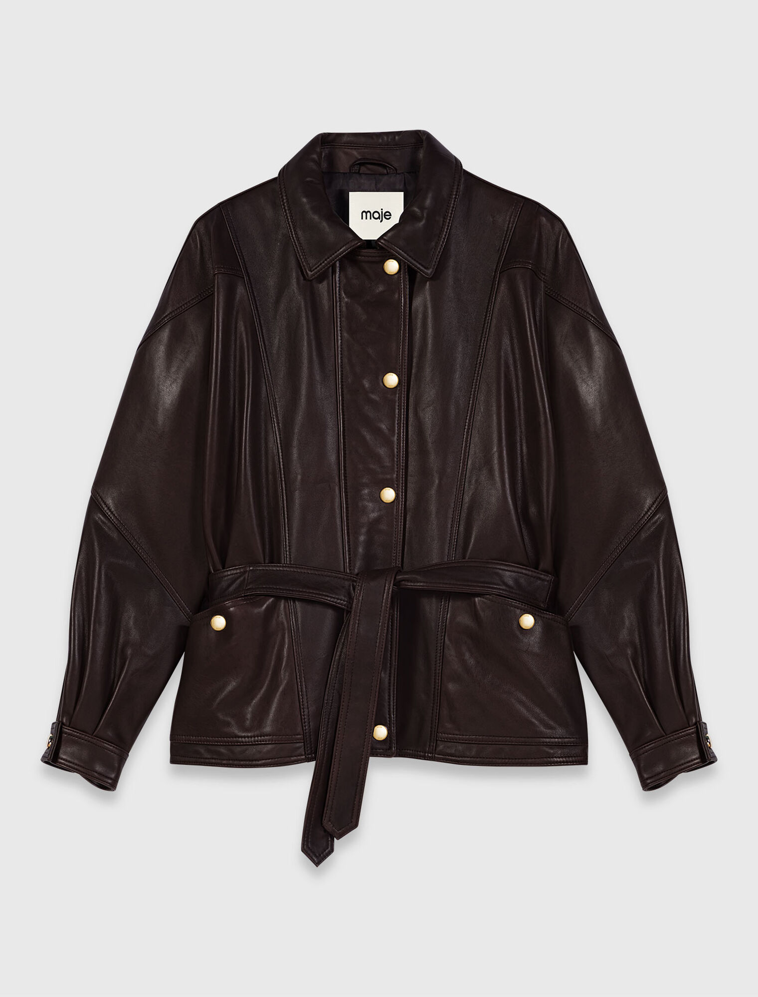 Oversize gold-button leather jacket