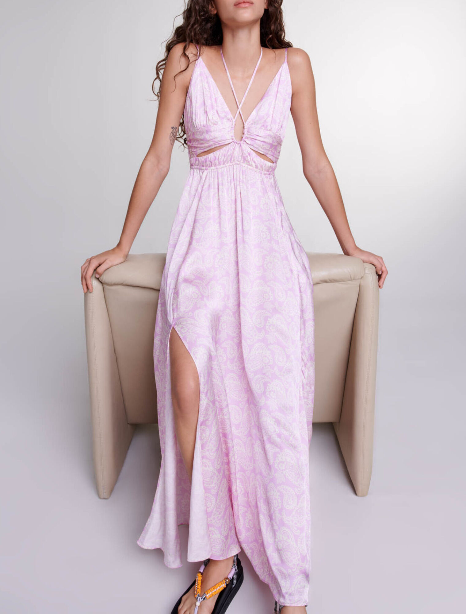 Maje Pink Long Dress Maje Women's Tiered Strappy Peach Maxi Dress