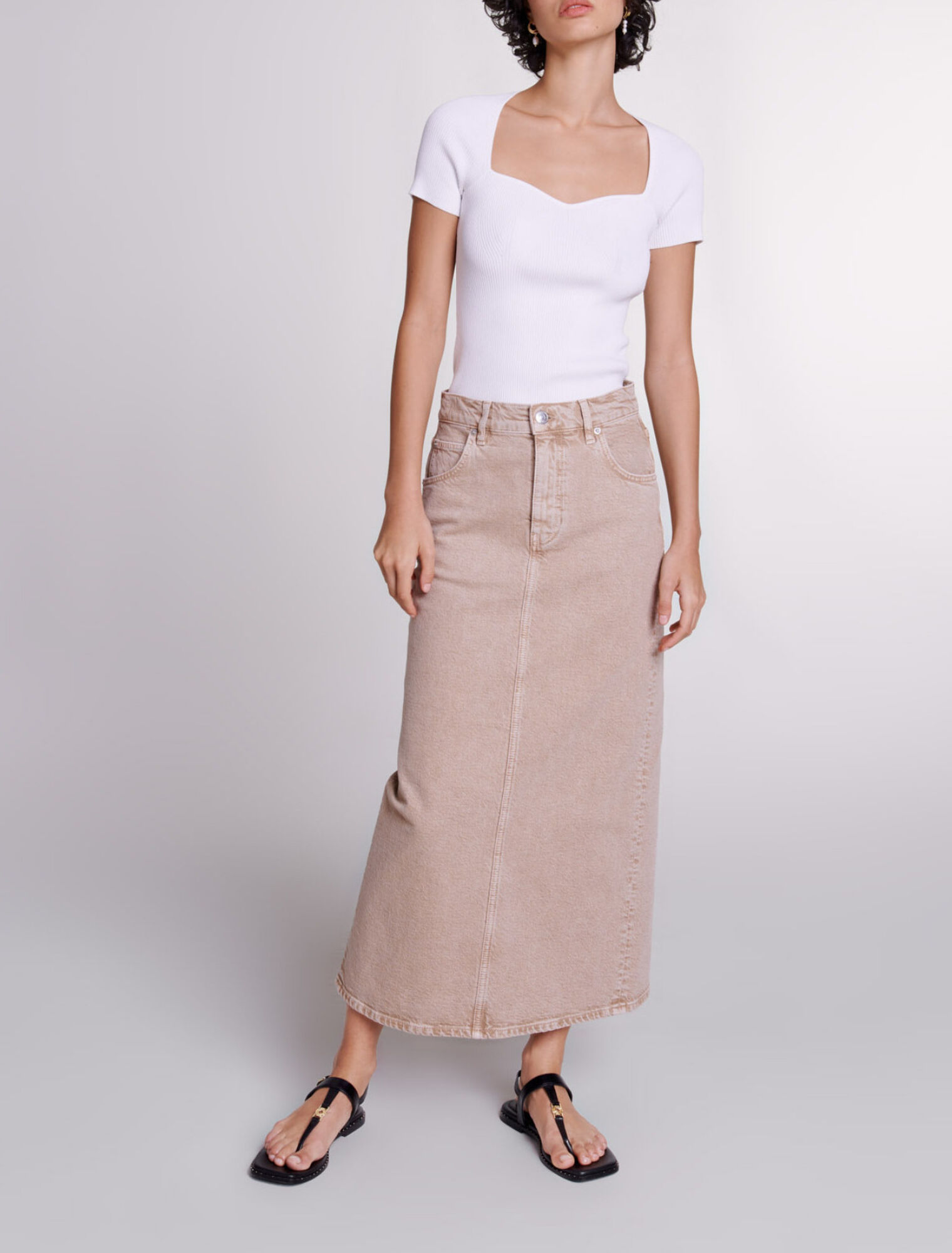 Long Denim Beige Denim Skirt Midi Dana Denim Midi Skirt Cream