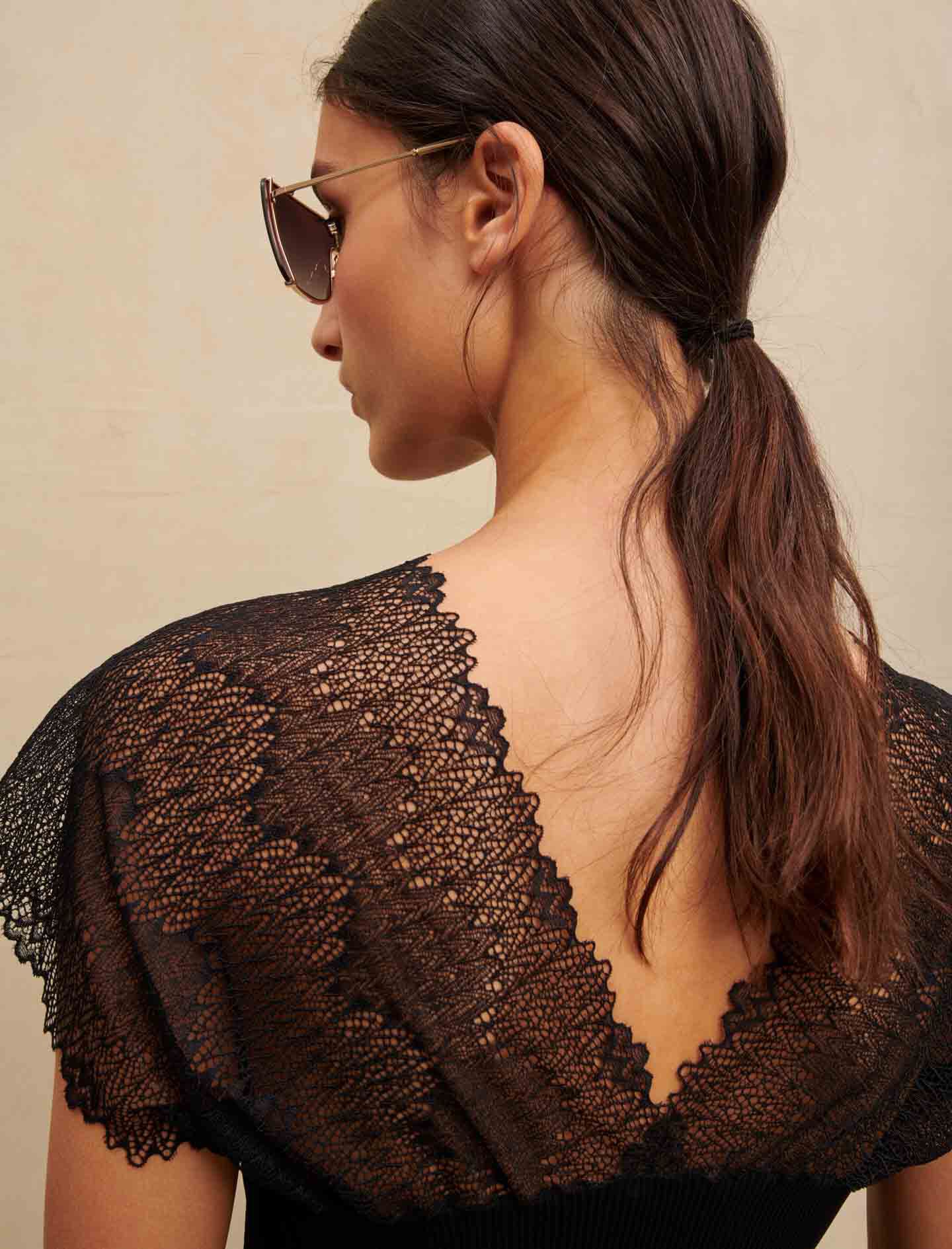 Jersey top with lace trim Black / Gray For Women | Maje