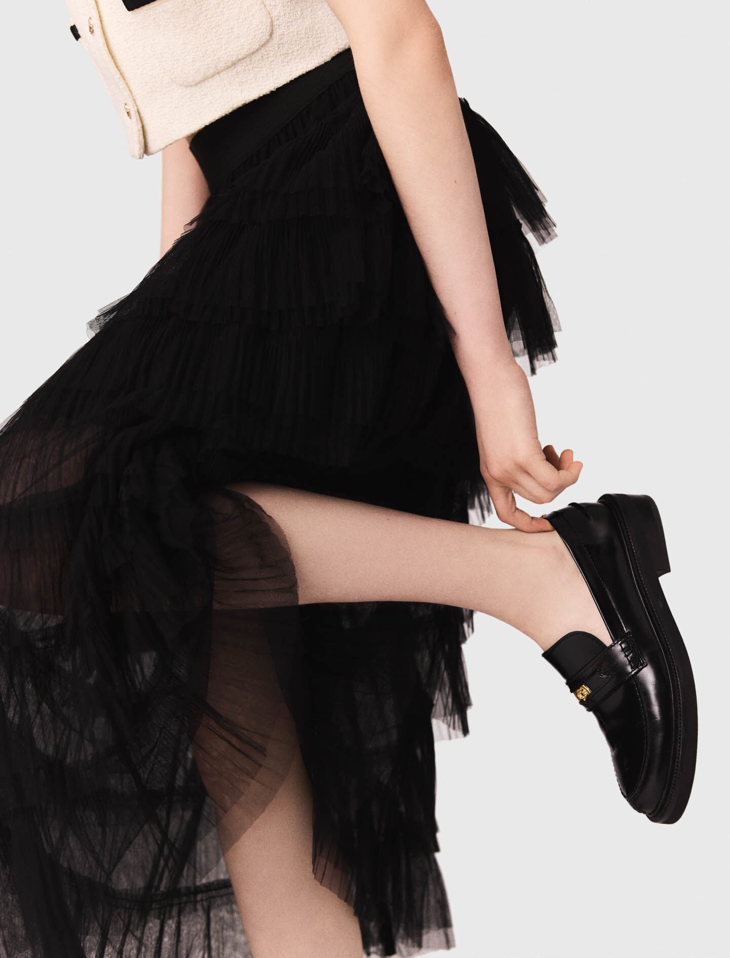 é zipper tulle frill skirt black Tulle midi skirt Black / Gray For Women | Maje