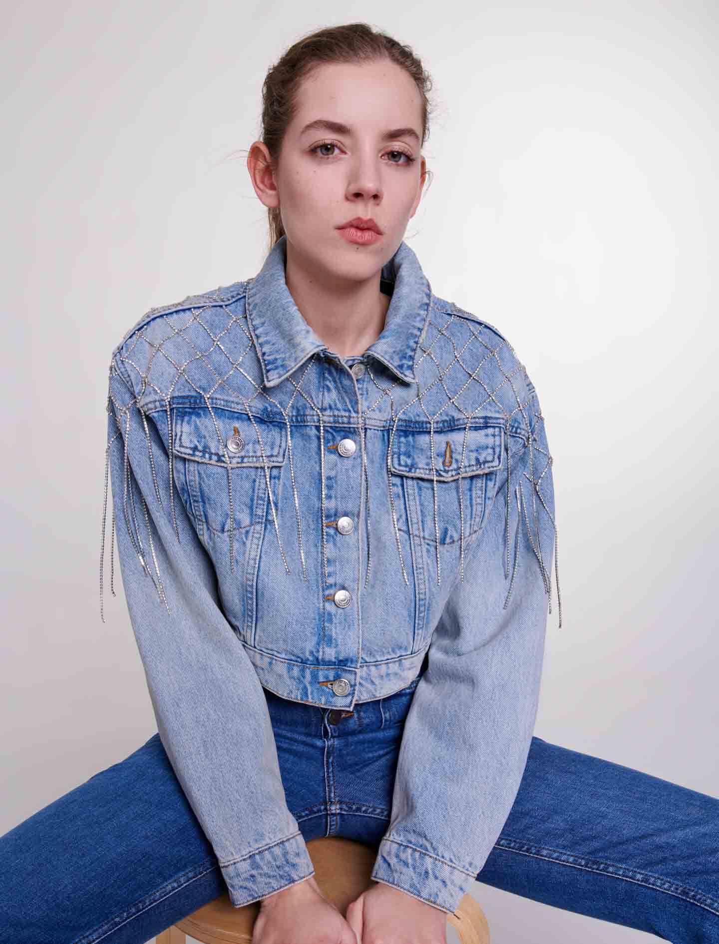 Denim jacket with rhinestones Blue For Women | Maje
