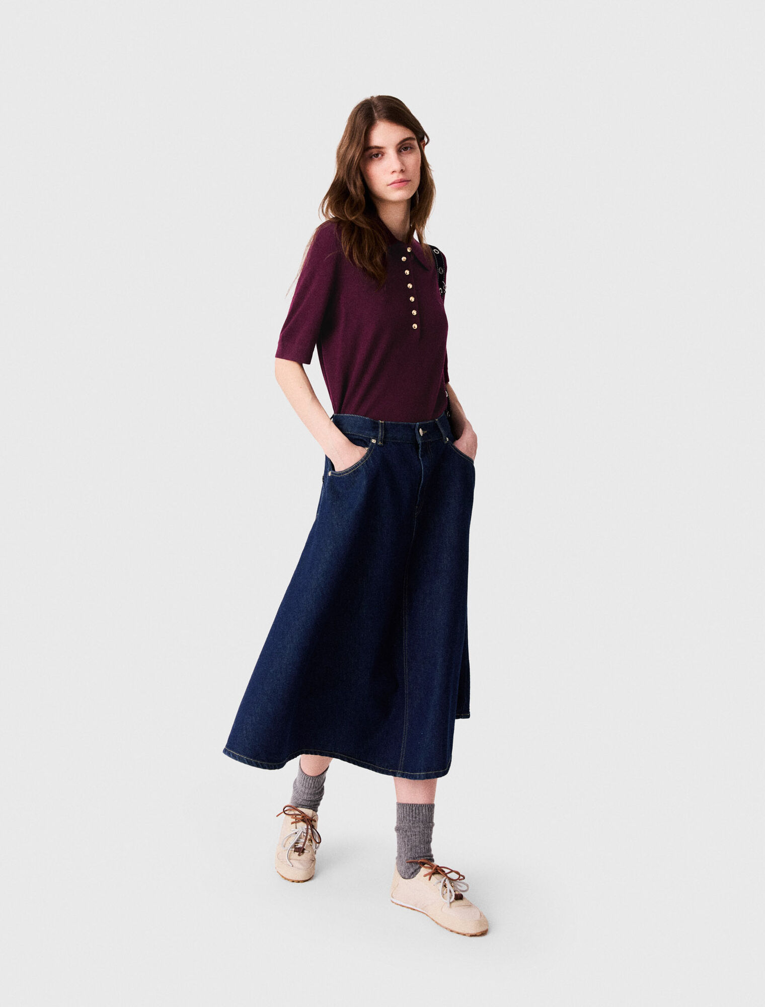 Jupe &eacute;vas&eacute;e en denim mi-longue