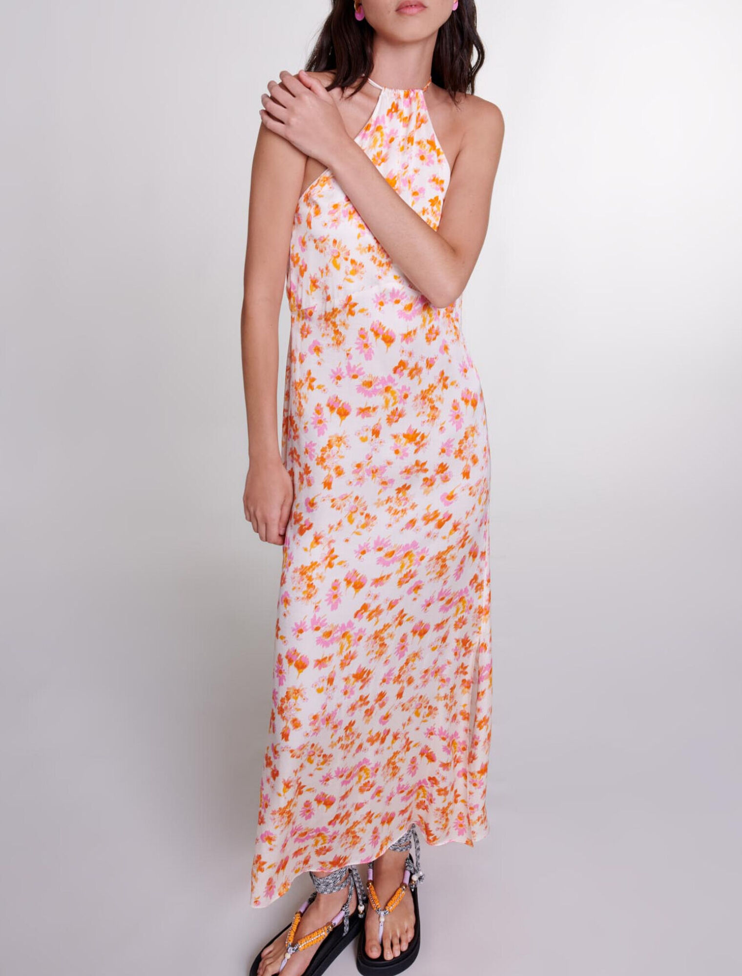 Robe longue fleurie et satin&eacute;e