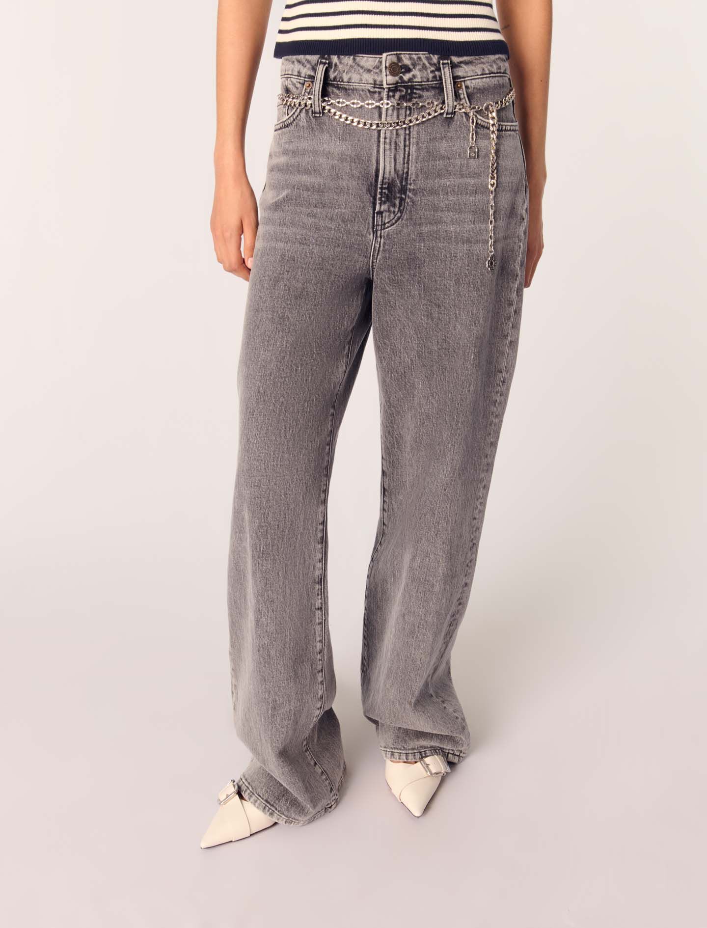 【PORTERNA】Beldi Chain Wide Jeans Wide-leg jeans with chain-link belt Black / Gray For Women