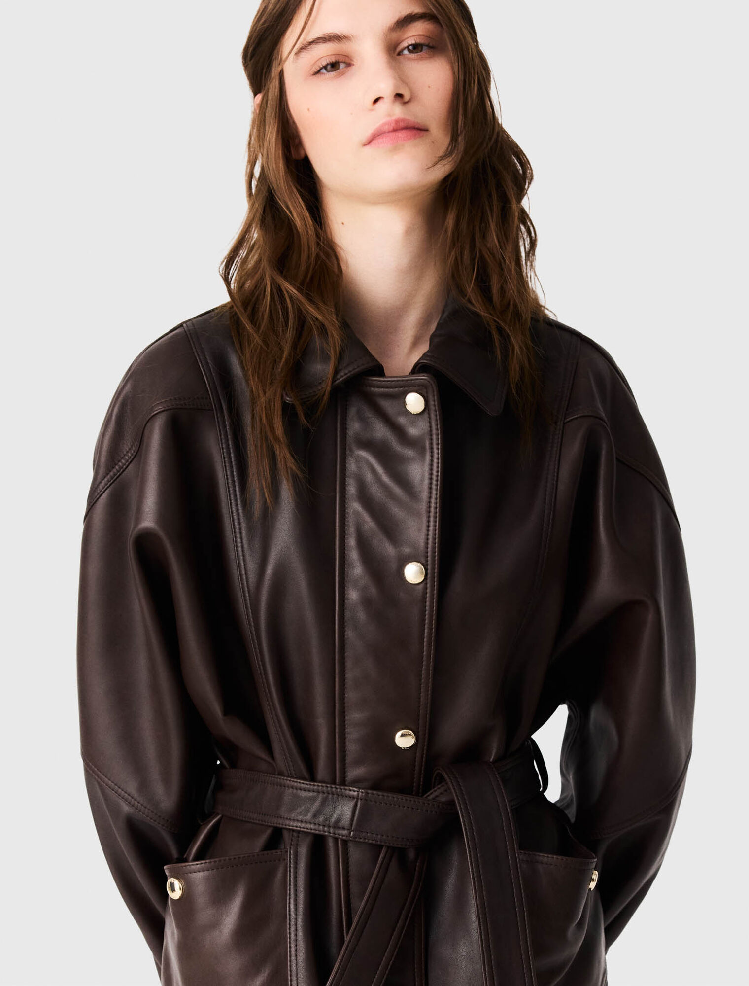 Oversize gold-button leather jacket