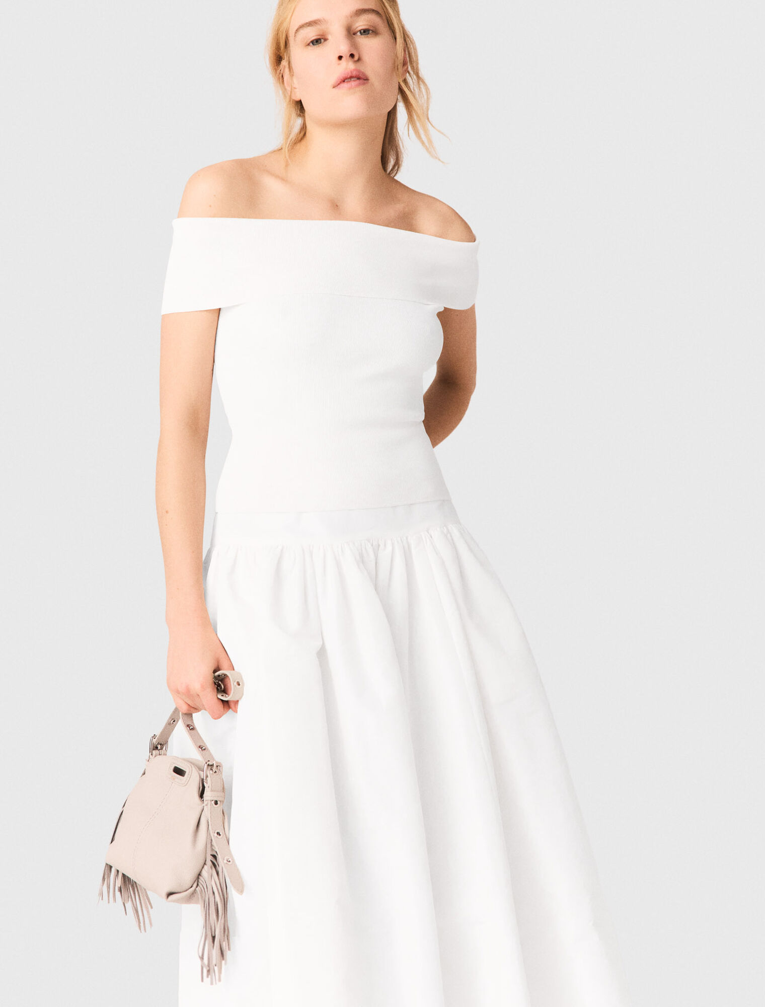 Top col bardot en maille c&ocirc;tel&eacute;e