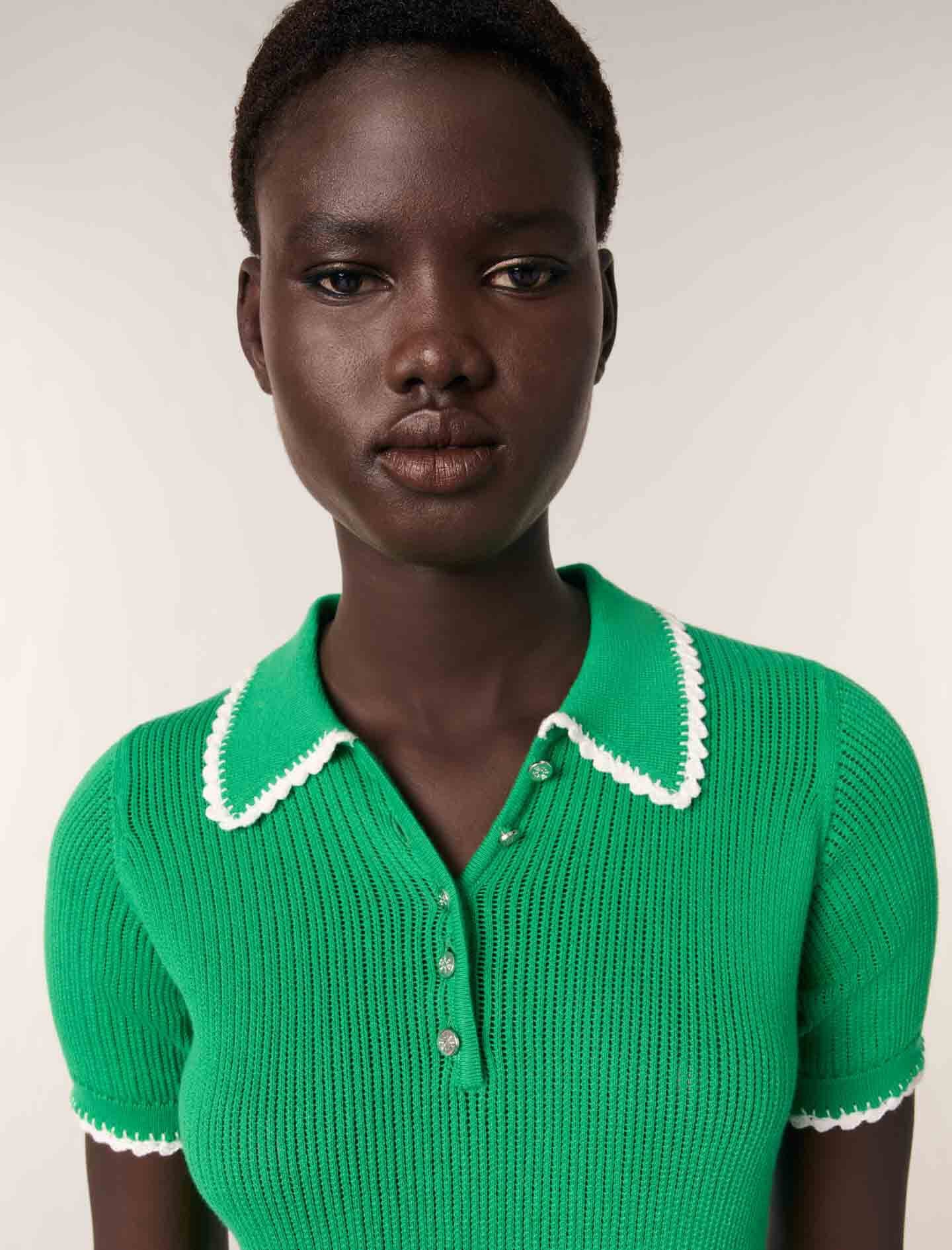 Pointelle knit crochet polo shirt Bicolor For Women | Maje