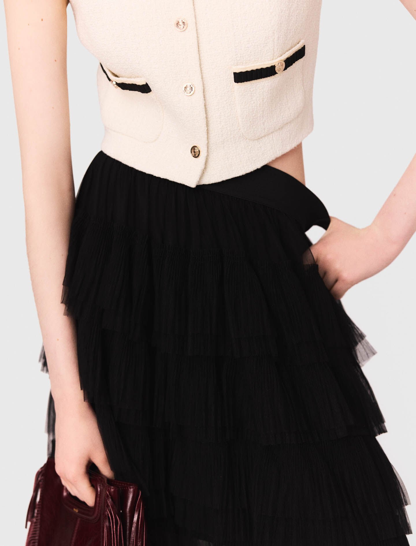 é zipper tulle frill skirt black Tulle midi skirt Black / Gray For Women | Maje