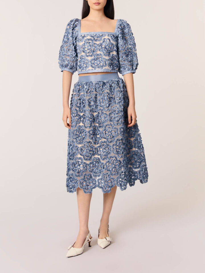 Jupe longue en organza motif floral