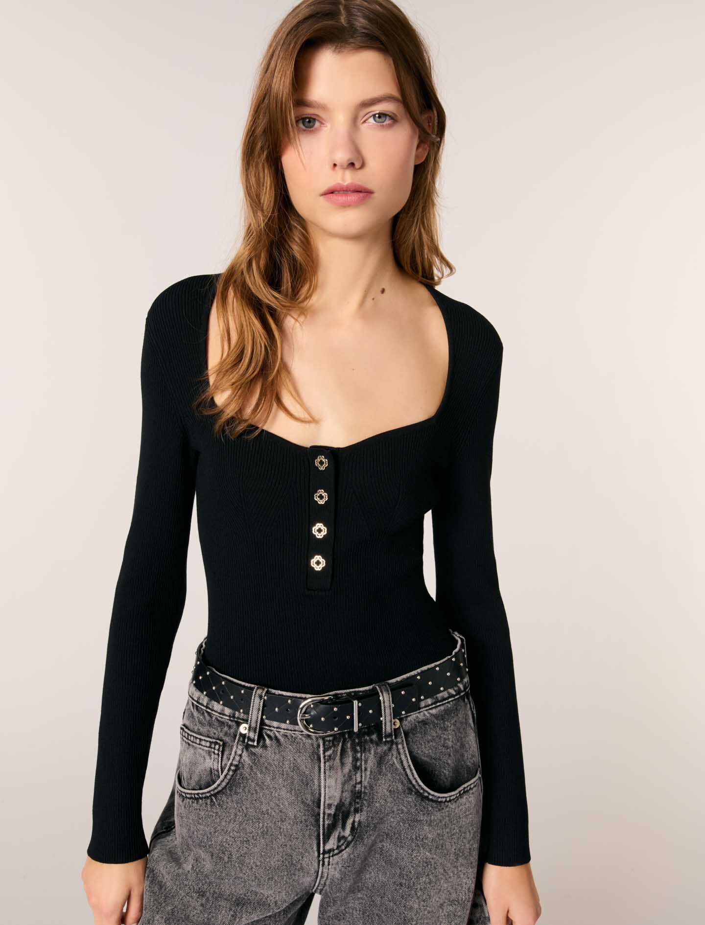 Low-neck rib knit sweater Black / Gray For Women | Maje