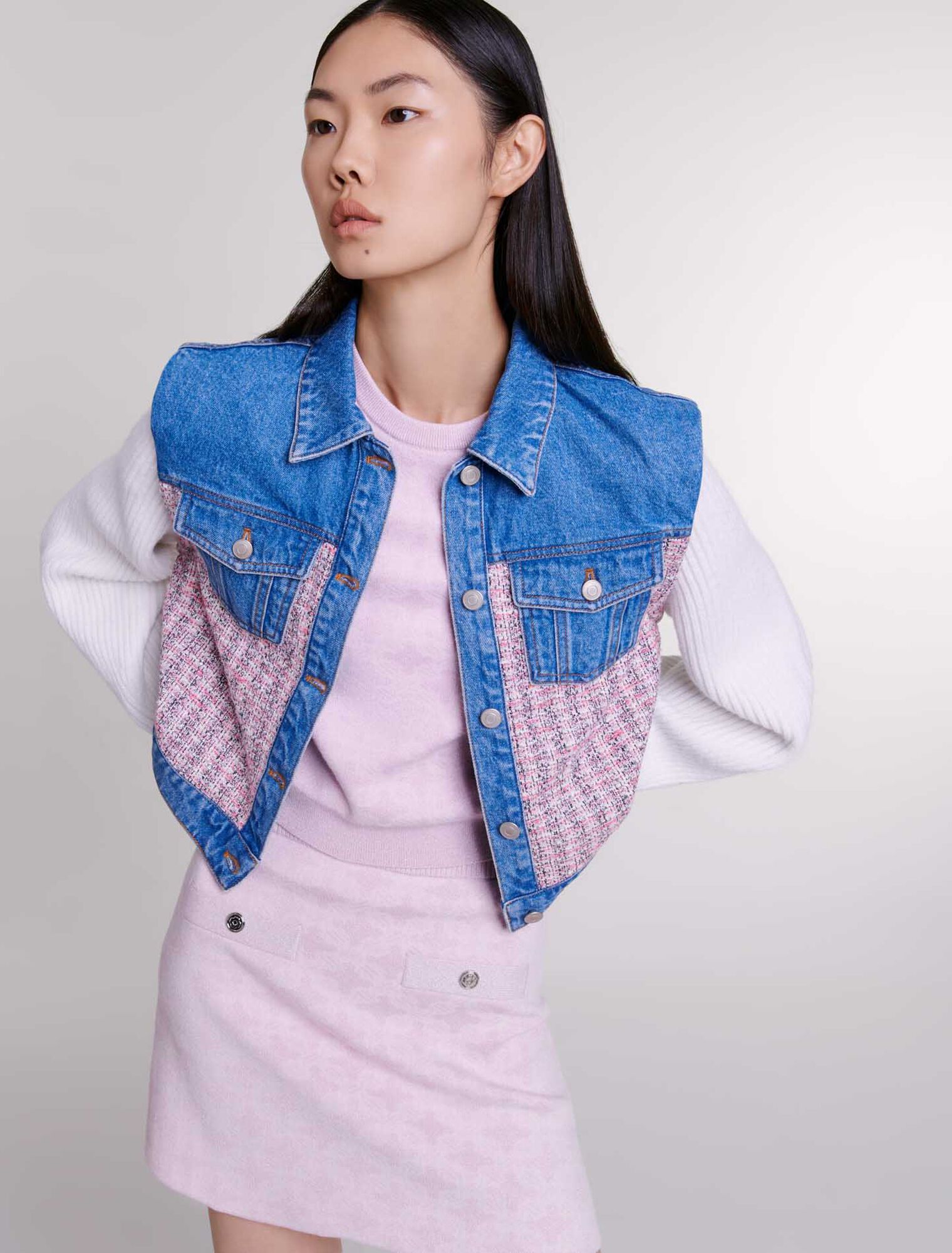 Blouson court en denim et tweed
