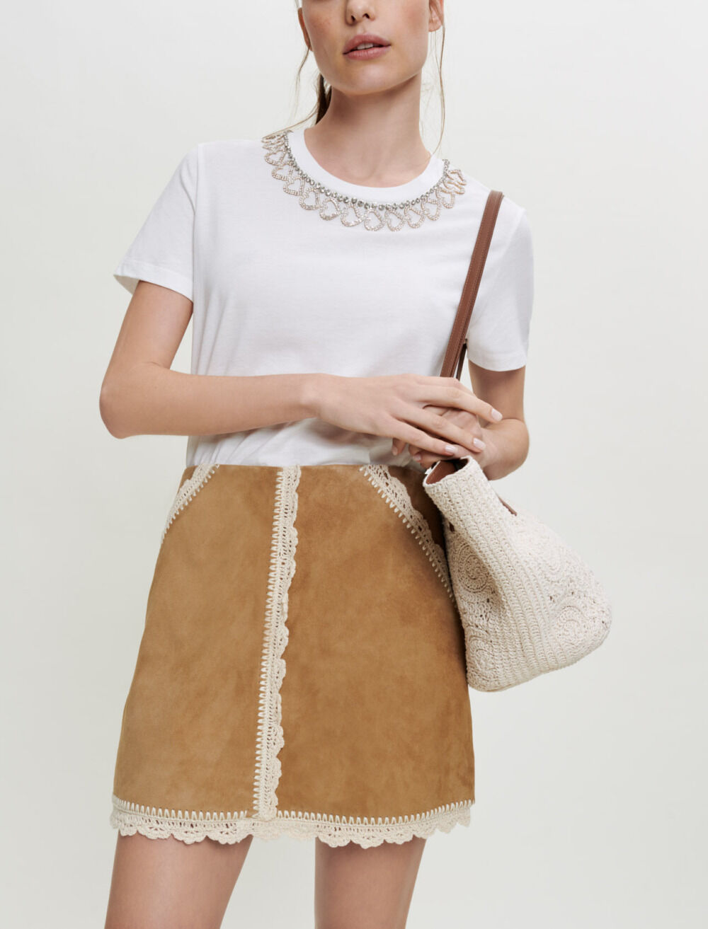 Suede skirt with crochet trim