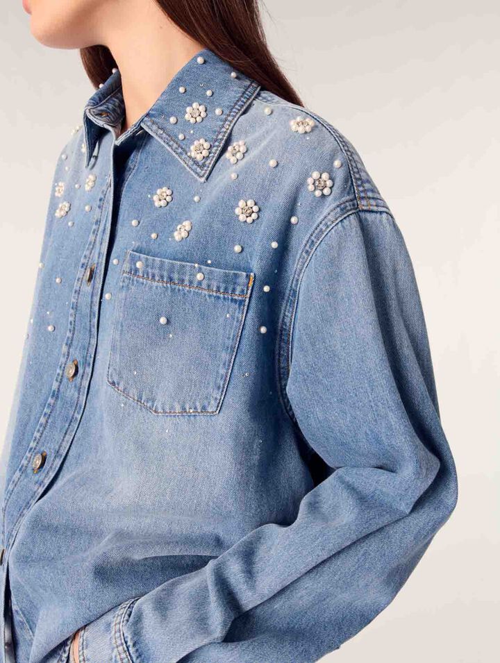 Chemise en denim à perles brodées