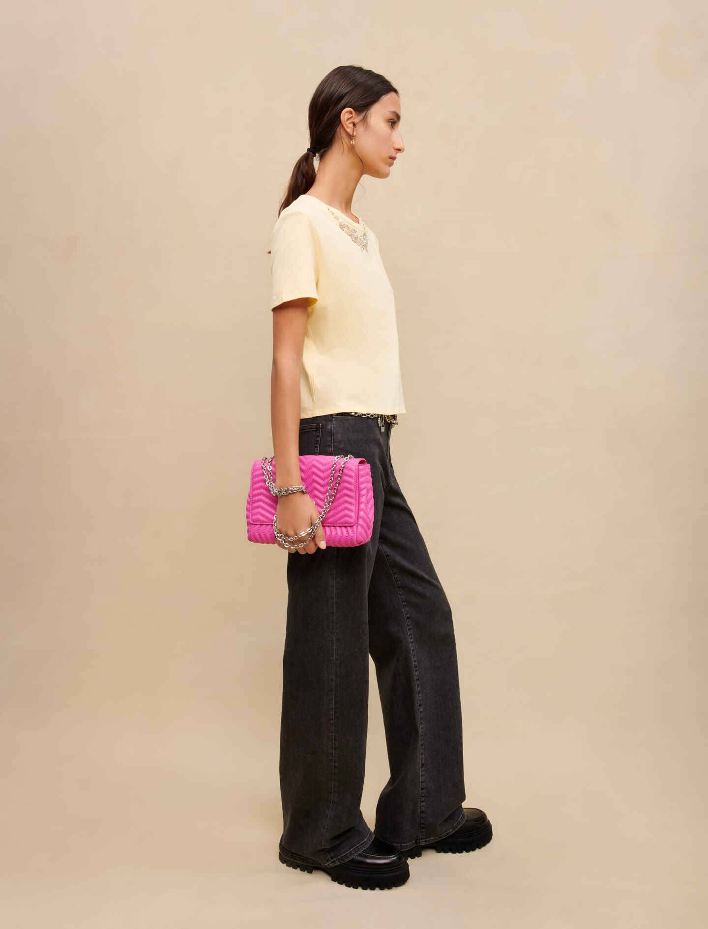 Cotton T-shirt with jewel collar Yellow / Orange For Women