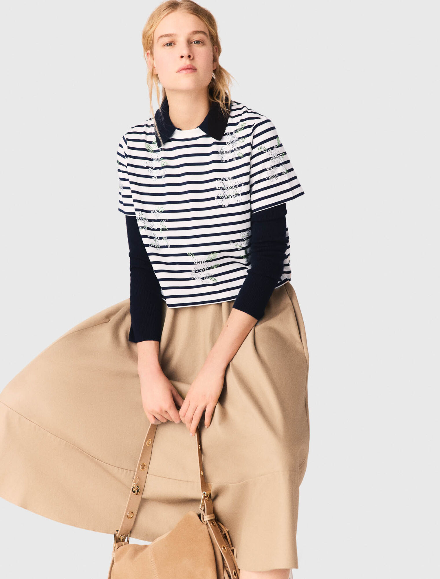 Striped rhinestone flower T-shirt